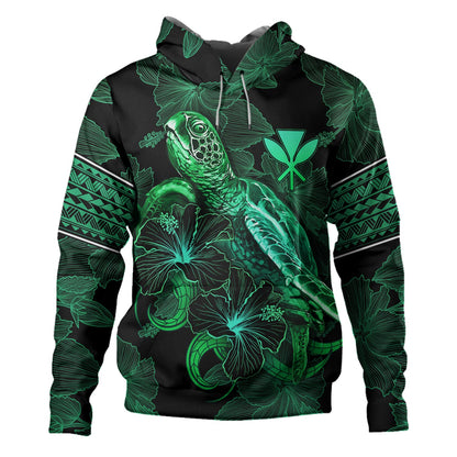 Hawaii Kanaka Maoli Hoodie  Sea Turtle With Blooming Hibiscus Flowers Tribal Green