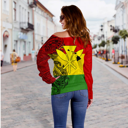 Hawaii Off Shoulder Sweatshirt Kanaka Maoli With Map Tribal Polynesian