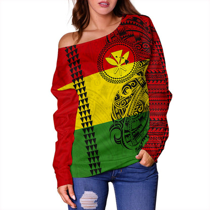 Hawaii Off Shoulder Sweatshirt Kanaka Maoli With Map Tribal Polynesian