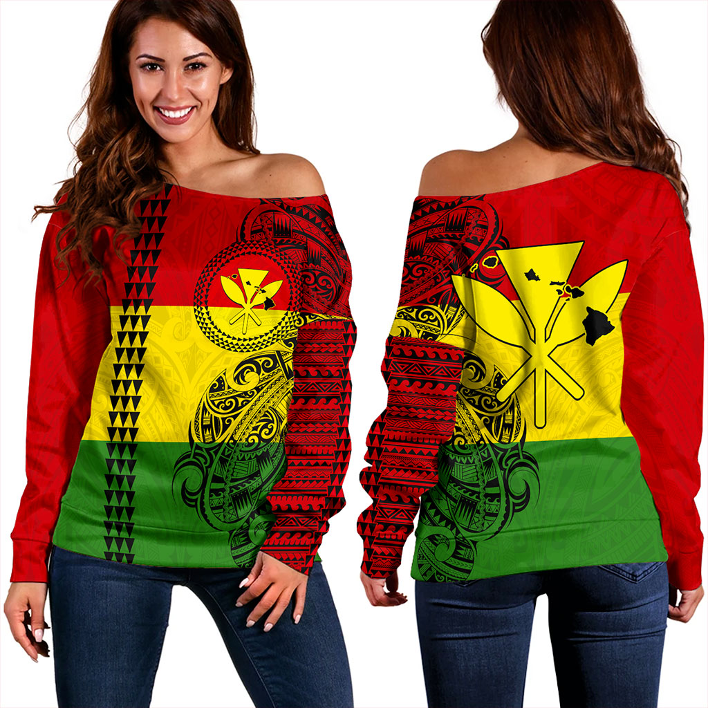 Hawaii Off Shoulder Sweatshirt Kanaka Maoli With Map Tribal Polynesian