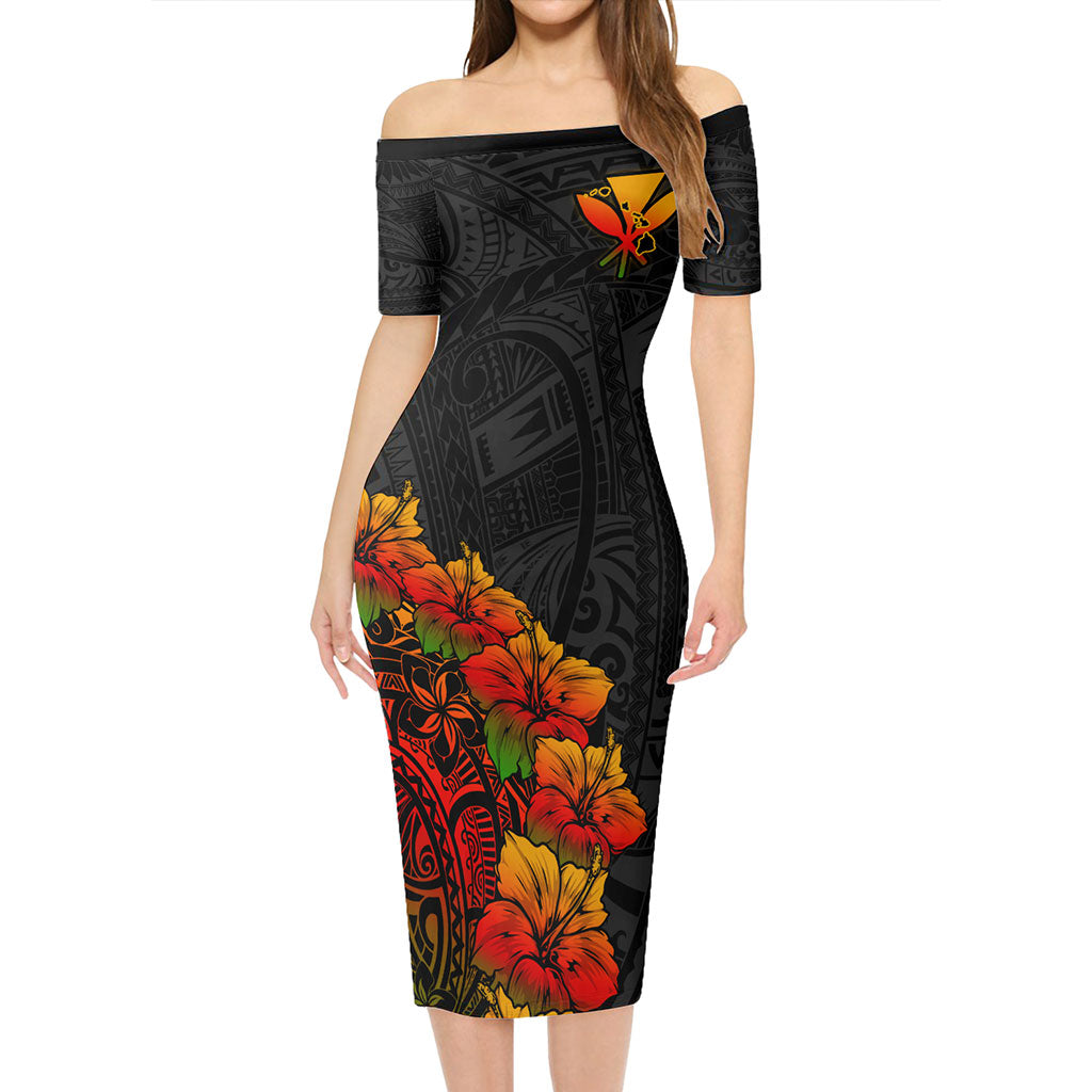 Hawaii Short Sleeve Off The Shoulder Lady Dress Kanaka Map Style Tropical