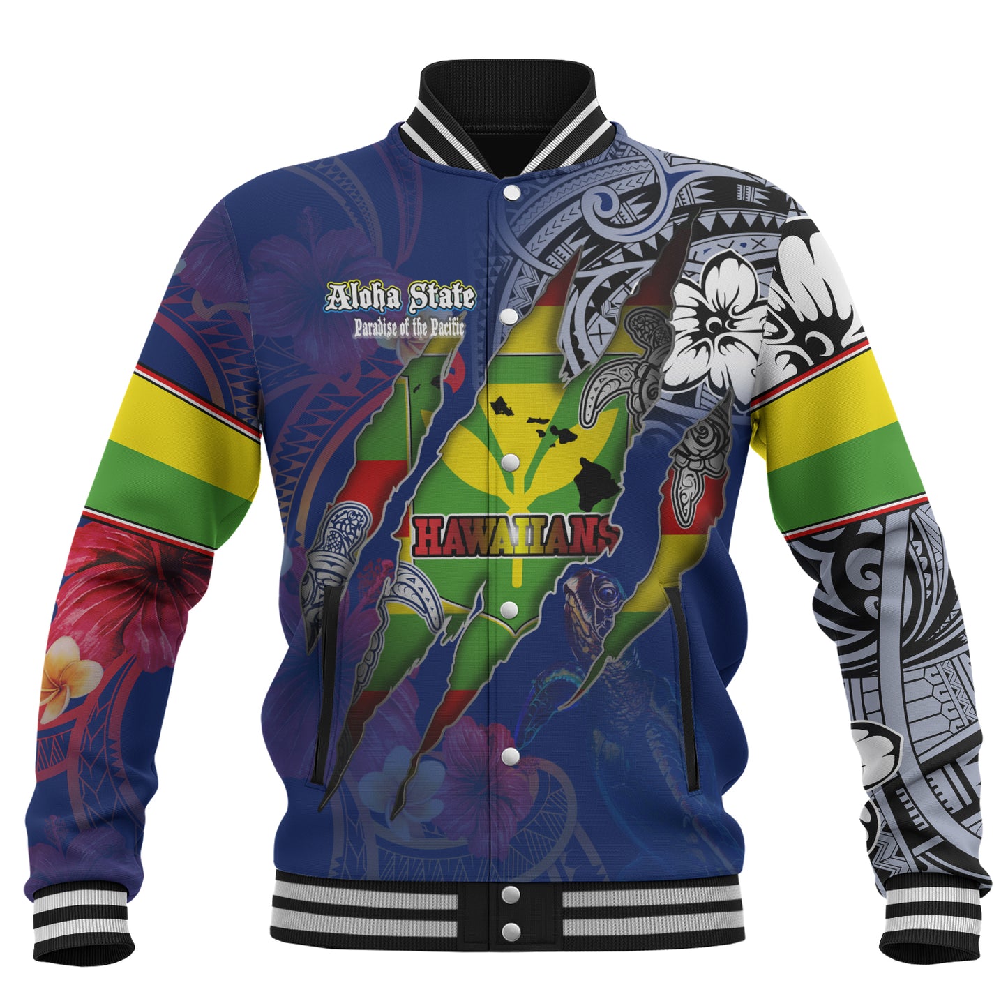 Hawaii Baseball Jacket Custom Kanaka Maoli Blood Inside Me Polynesian Sleeve Tattoo Tropical Blue