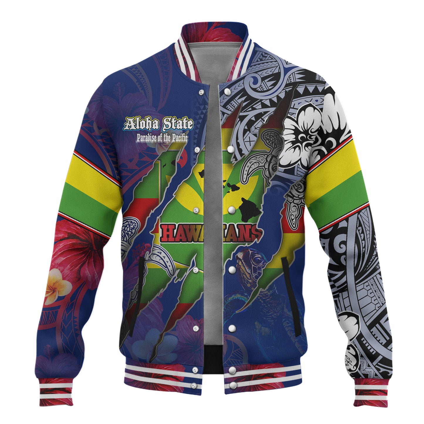 Hawaii Baseball Jacket Custom Kanaka Maoli Blood Inside Me Polynesian Sleeve Tattoo Tropical Blue