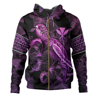 Hawaii Kanaka Maoli Hoodie Sea Turtle With Blooming Hibiscus Flowers Tribal Purple