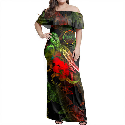 Hawaii Woman Off Shoulder Long Dress - Sea Turtle With Blooming Hibiscus Flowers Reggae