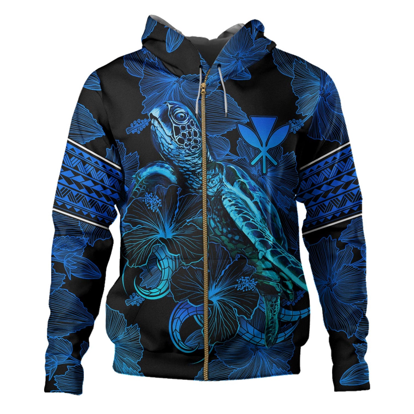Hawaii Kanaka Maoli Hoodie Sea Turtle With Blooming Hibiscus Flowers Tribal Blue