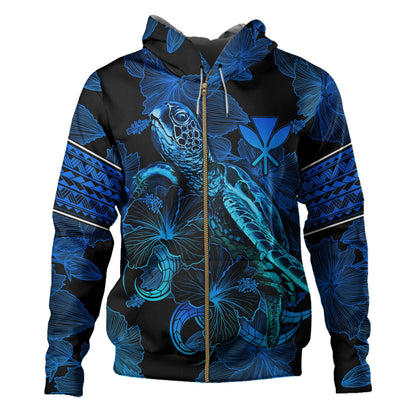 Hawaii Kanaka Maoli Hoodie Sea Turtle With Blooming Hibiscus Flowers Tribal Blue