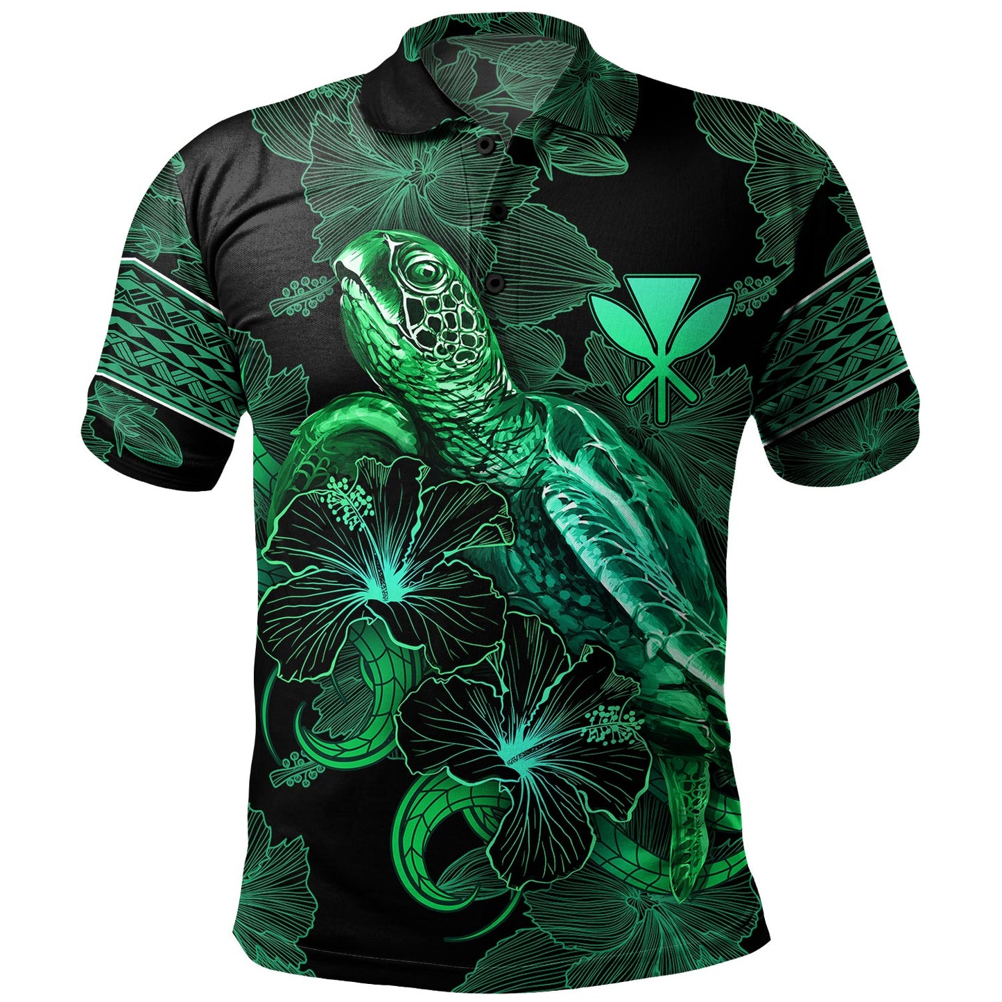 Hawaii Kanaka Maoli Polo Shirt  Sea Turtle With Blooming Hibiscus Flowers Tribal Green