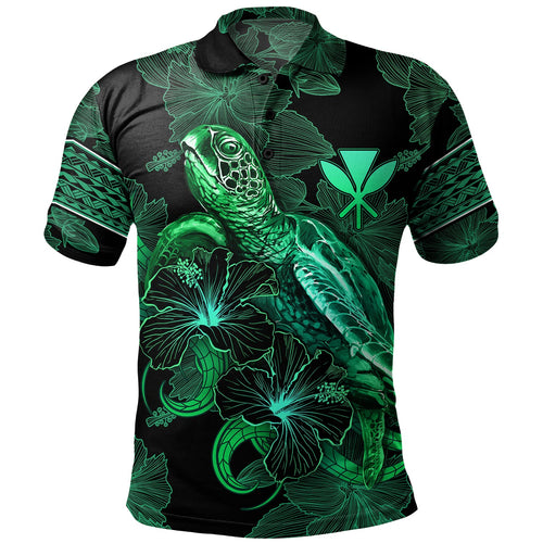 Hawaii Kanaka Maoli Polo Shirt  Sea Turtle With Blooming Hibiscus Flowers Tribal Green
