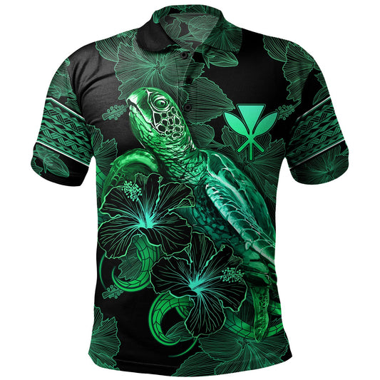 Hawaii Kanaka Maoli Polo Shirt  Sea Turtle With Blooming Hibiscus Flowers Tribal Green