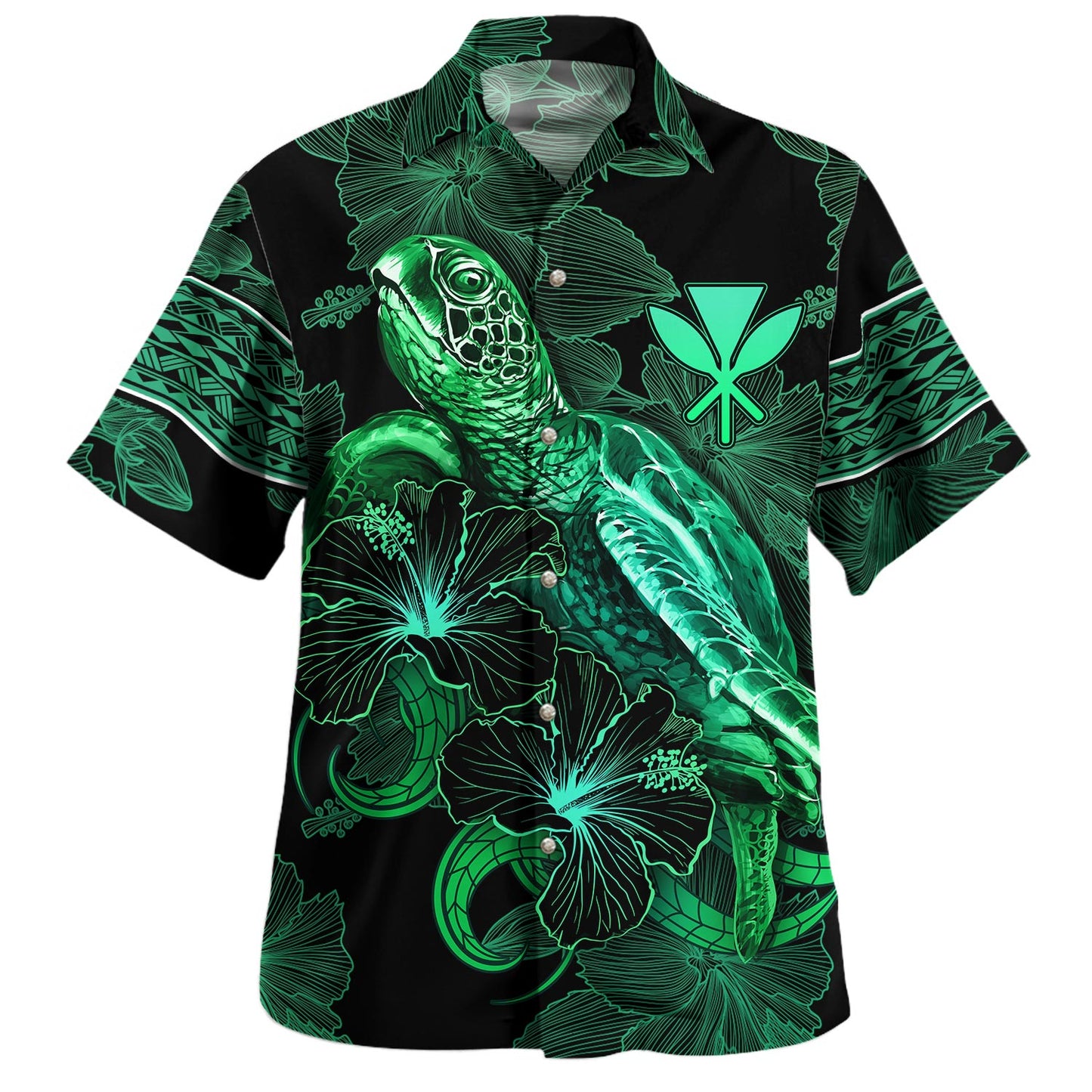 Hawaii Kanaka Maoli Hawaiian Shirt  Sea Turtle With Blooming Hibiscus Flowers Tribal Green