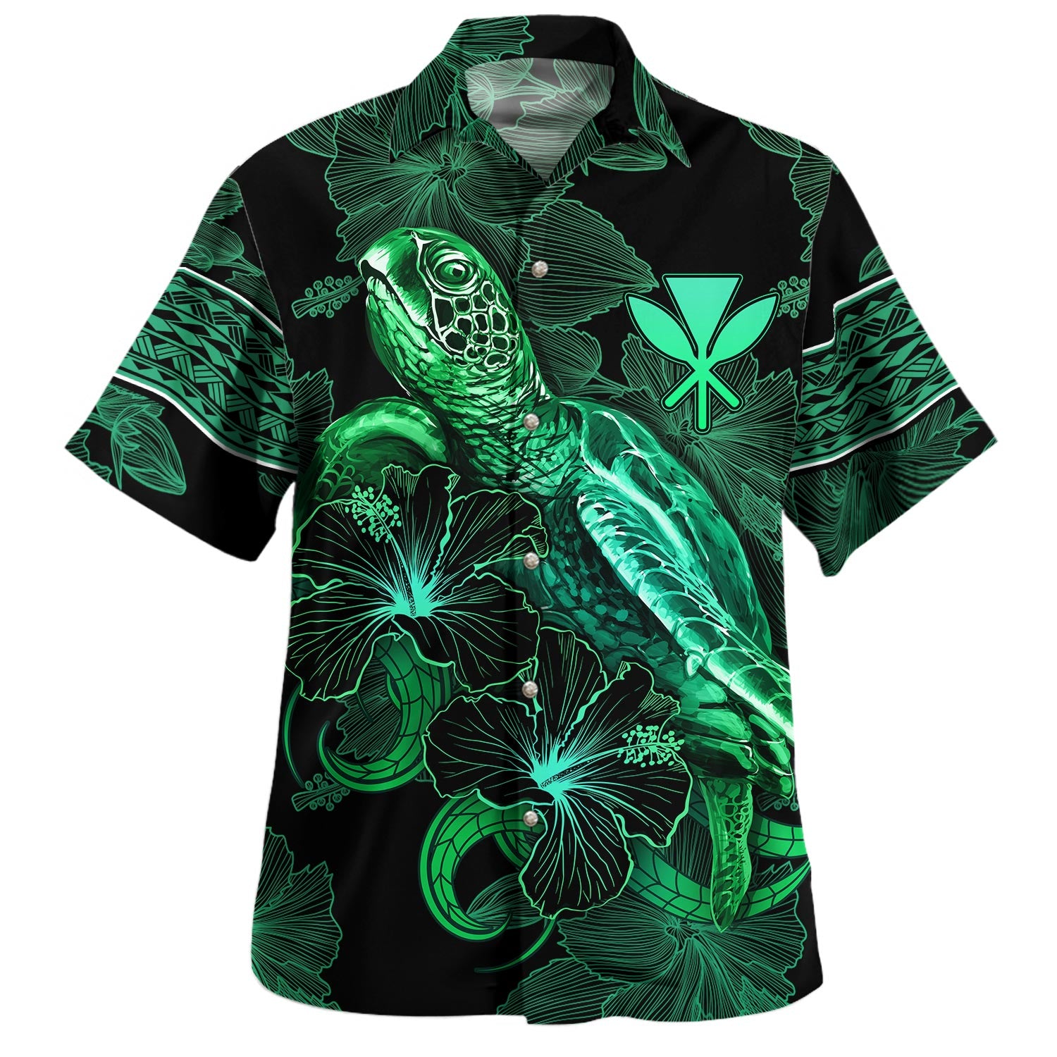 Hawaii Kanaka Maoli Hawaiian Shirt  Sea Turtle With Blooming Hibiscus Flowers Tribal Green