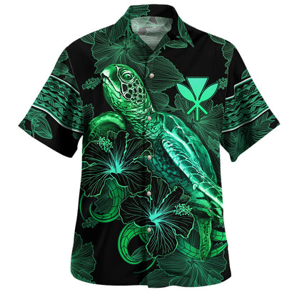 Hawaii Kanaka Maoli Hawaiian Shirt  Sea Turtle With Blooming Hibiscus Flowers Tribal Green