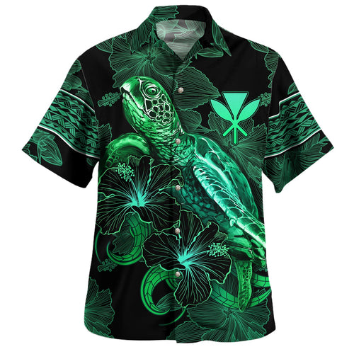 Hawaii Kanaka Maoli Hawaiian Shirt  Sea Turtle With Blooming Hibiscus Flowers Tribal Green