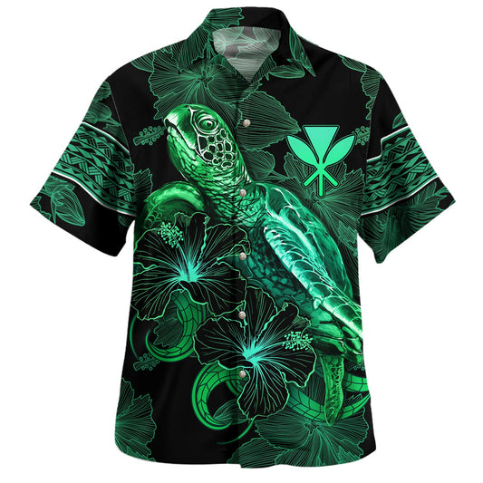 Hawaii Kanaka Maoli Hawaiian Shirt  Sea Turtle With Blooming Hibiscus Flowers Tribal Green