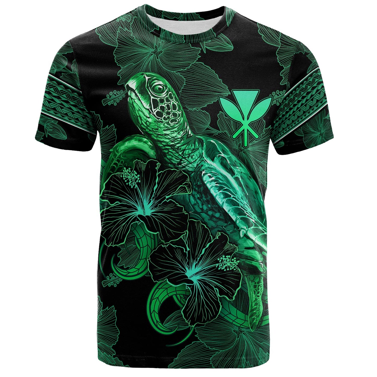 Hawaii Kanaka Maoli T-Shirt  Sea Turtle With Blooming Hibiscus Flowers Tribal Green