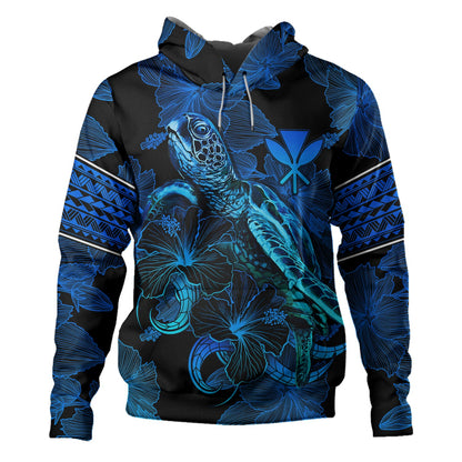 Hawaii Kanaka Maoli Hoodie Sea Turtle With Blooming Hibiscus Flowers Tribal Blue