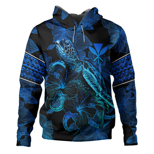 Hawaii Kanaka Maoli Hoodie Sea Turtle With Blooming Hibiscus Flowers Tribal Blue