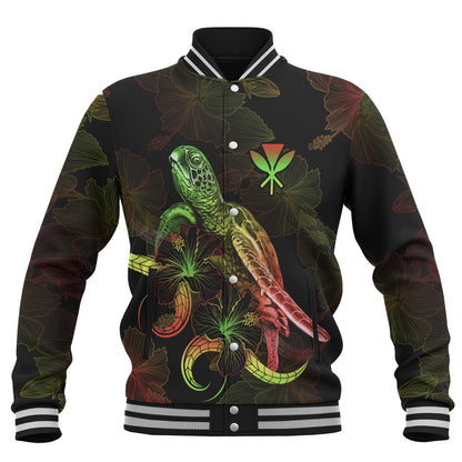 Hawaii Baseball Jacket Sea Turtle With Blooming Hibiscus Flowers Reggae