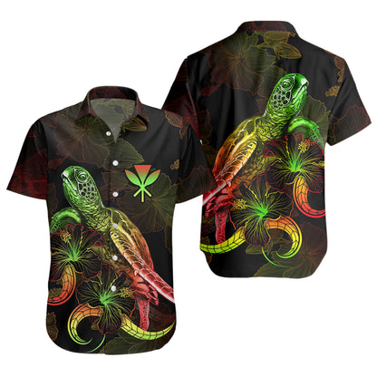 Hawaii Short Sleeve Shirt Sea Turtle With Blooming Hibiscus Flowers Reggae