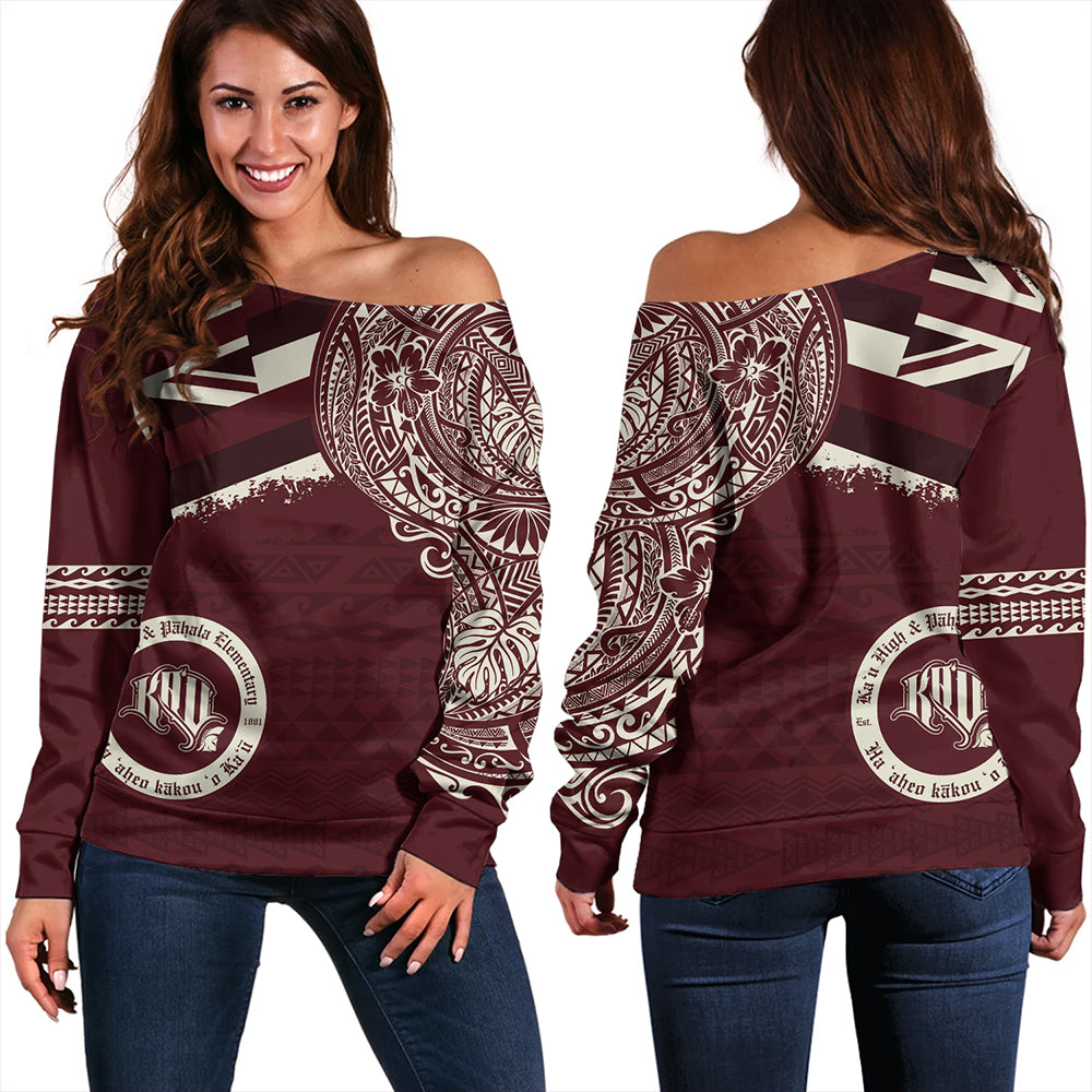 Hawaii Off Shoulder Sweatshirt Kau High & Pahala Elementary School With Crest Style