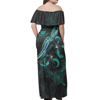 Kiribati Woman Off Shoulder Long Dress - Kiribati Coat Of Arms With Polynesian Turtle Blooming Hibiscus Turquoise