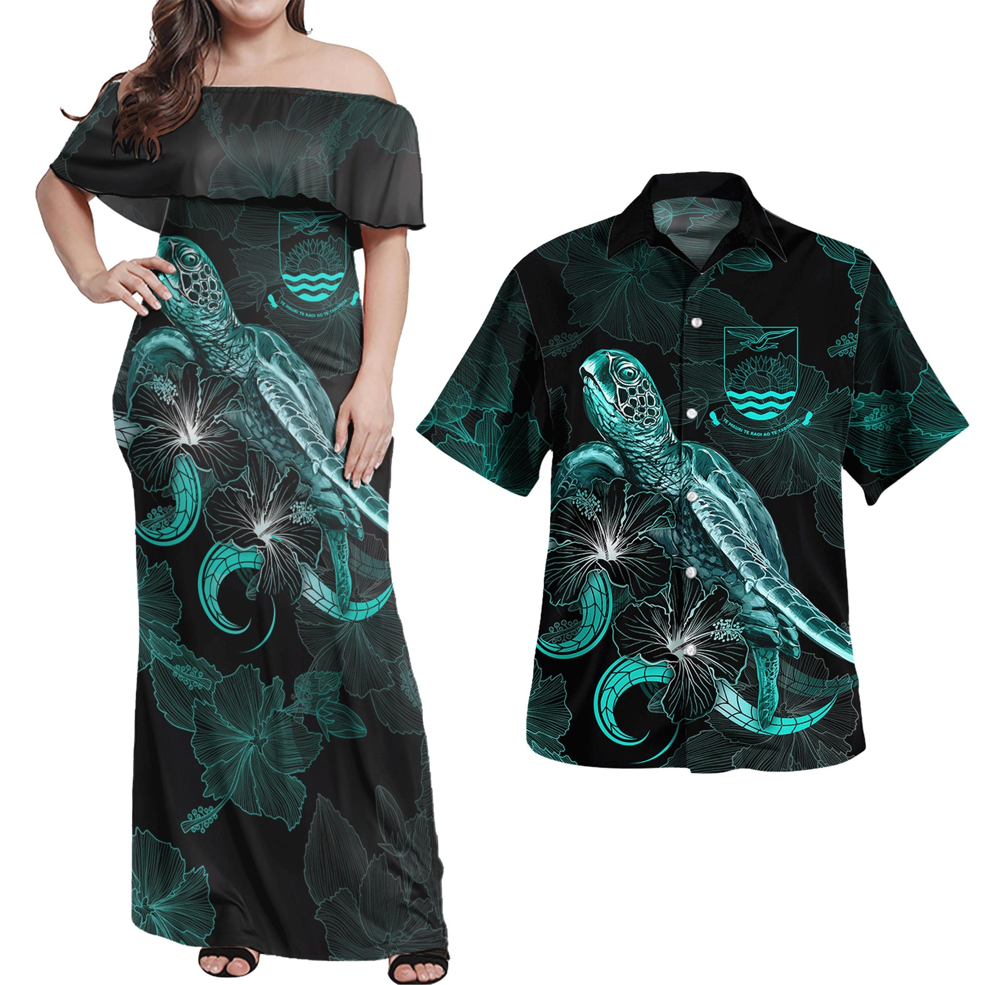 Kiribati Combo Dress And Shirt - Kiribati Coat Of Arms Turtle Blooming Hibiscus Turquoise