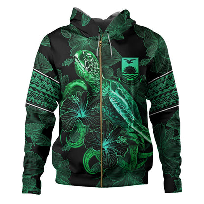 Kiribati Hoodie  Sea Turtle With Blooming Hibiscus Flowers Tribal Green