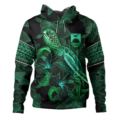 Kiribati Hoodie  Sea Turtle With Blooming Hibiscus Flowers Tribal Green