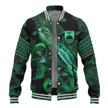 Kiribati Baseball Jacket  Sea Turtle With Blooming Hibiscus Flowers Tribal Green