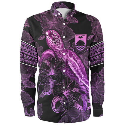 Kiribati Long Sleeve Shirt Sea Turtle With Blooming Hibiscus Flowers Tribal Purple