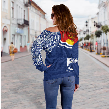 Kiribati Off Shoulder Sweatshirt Polynesian Flag With Coat Of Arms