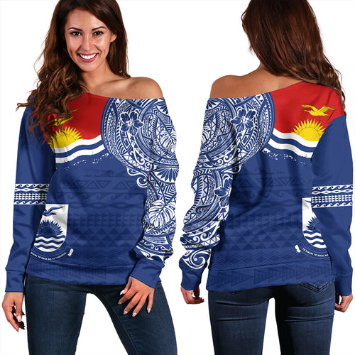 Kiribati Off Shoulder Sweatshirt Polynesian Flag With Coat Of Arms