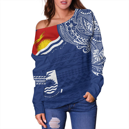 Kiribati Off Shoulder Sweatshirt Polynesian Flag With Coat Of Arms