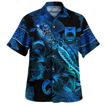 Kiribati Combo Short Sleeve Dress And Shirt Sea Turtle With Blooming Hibiscus Flowers Tribal Blue