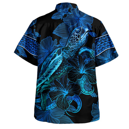 Kiribati Hawaiian Shirt Sea Turtle With Blooming Hibiscus Flowers Tribal Blue