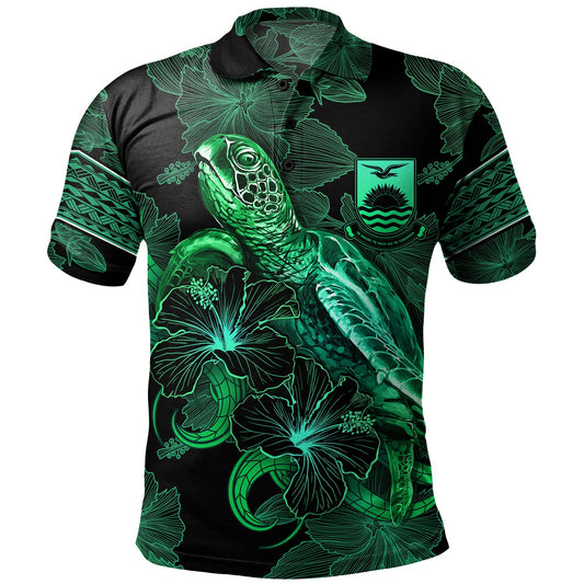 Kiribati Polo Shirt  Sea Turtle With Blooming Hibiscus Flowers Tribal Green