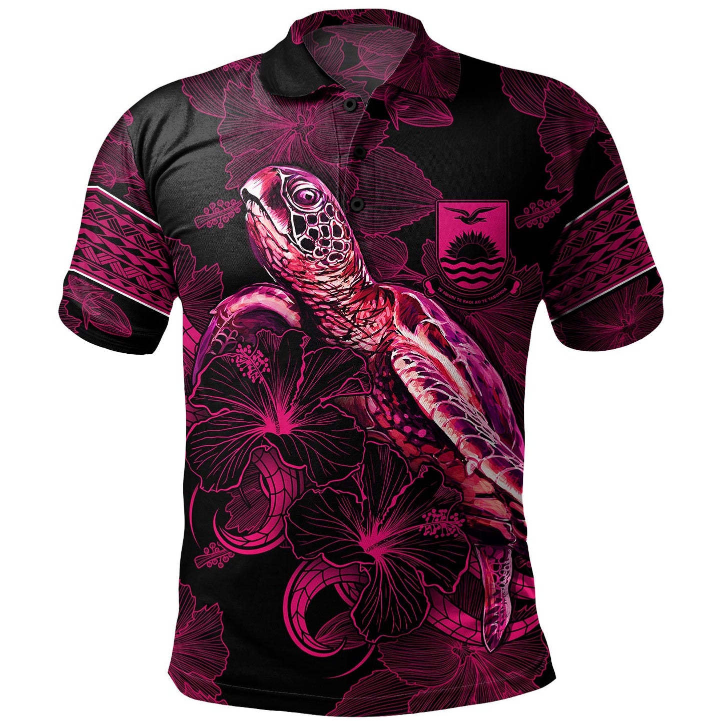 Kiribati Polo Shirt Sea Turtle With Blooming Hibiscus Flowers Tribal Maroon