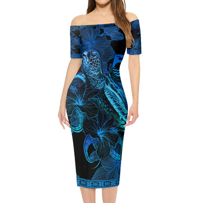 Kiribati Combo Short Sleeve Dress And Shirt Sea Turtle With Blooming Hibiscus Flowers Tribal Blue