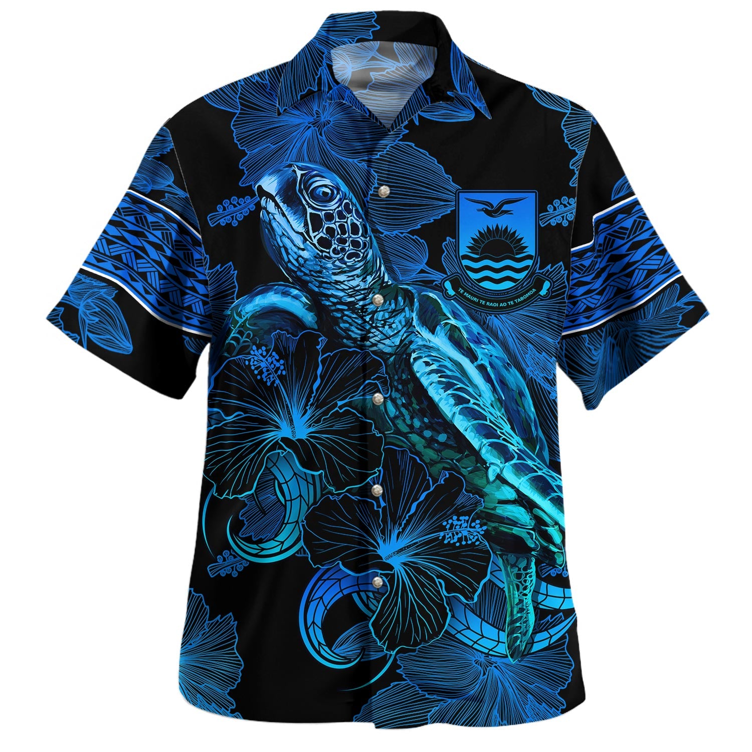 Kiribati Hawaiian Shirt Sea Turtle With Blooming Hibiscus Flowers Tribal Blue