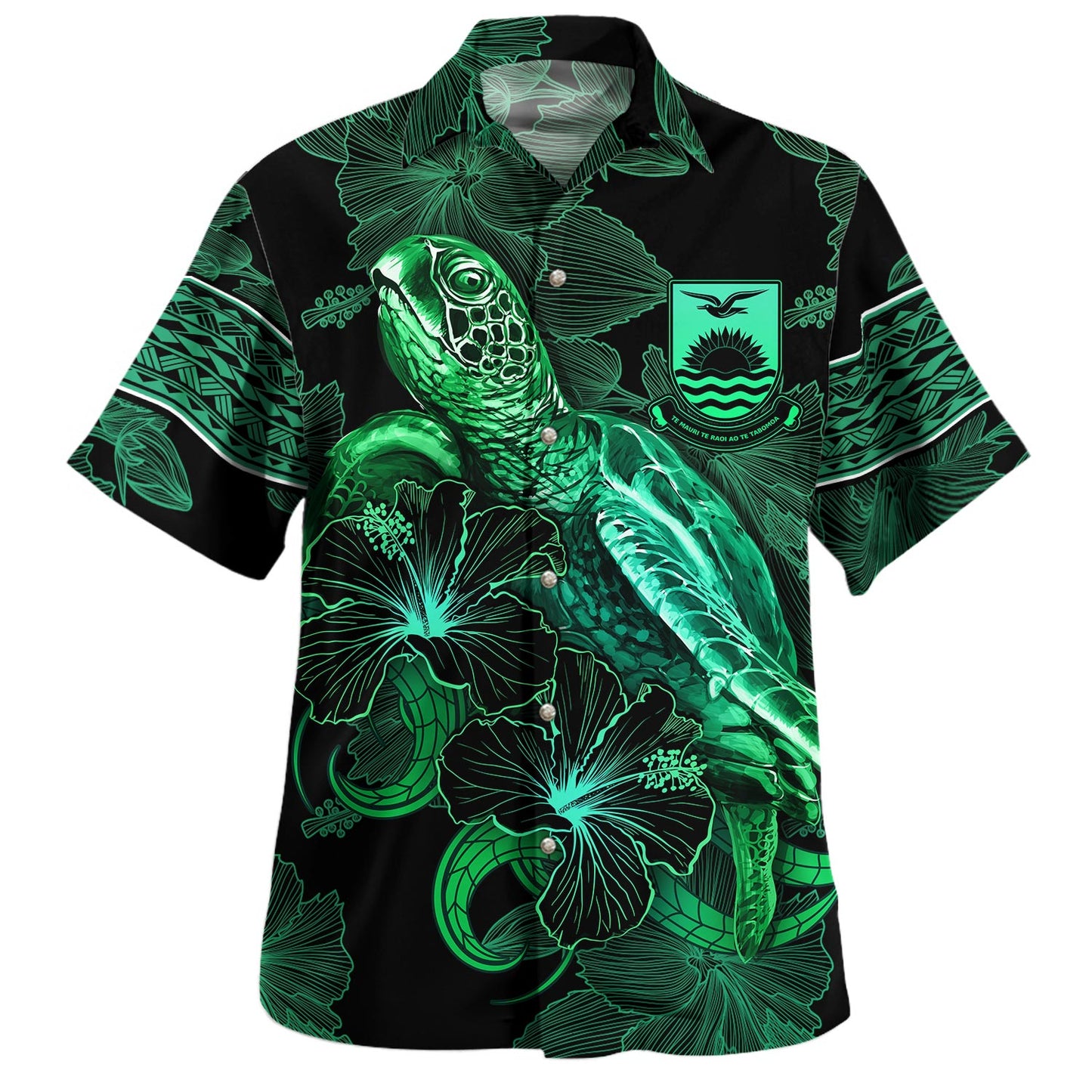 Kiribati Hawaiian Shirt  Sea Turtle With Blooming Hibiscus Flowers Tribal Green
