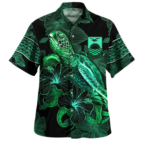 Kiribati Hawaiian Shirt  Sea Turtle With Blooming Hibiscus Flowers Tribal Green