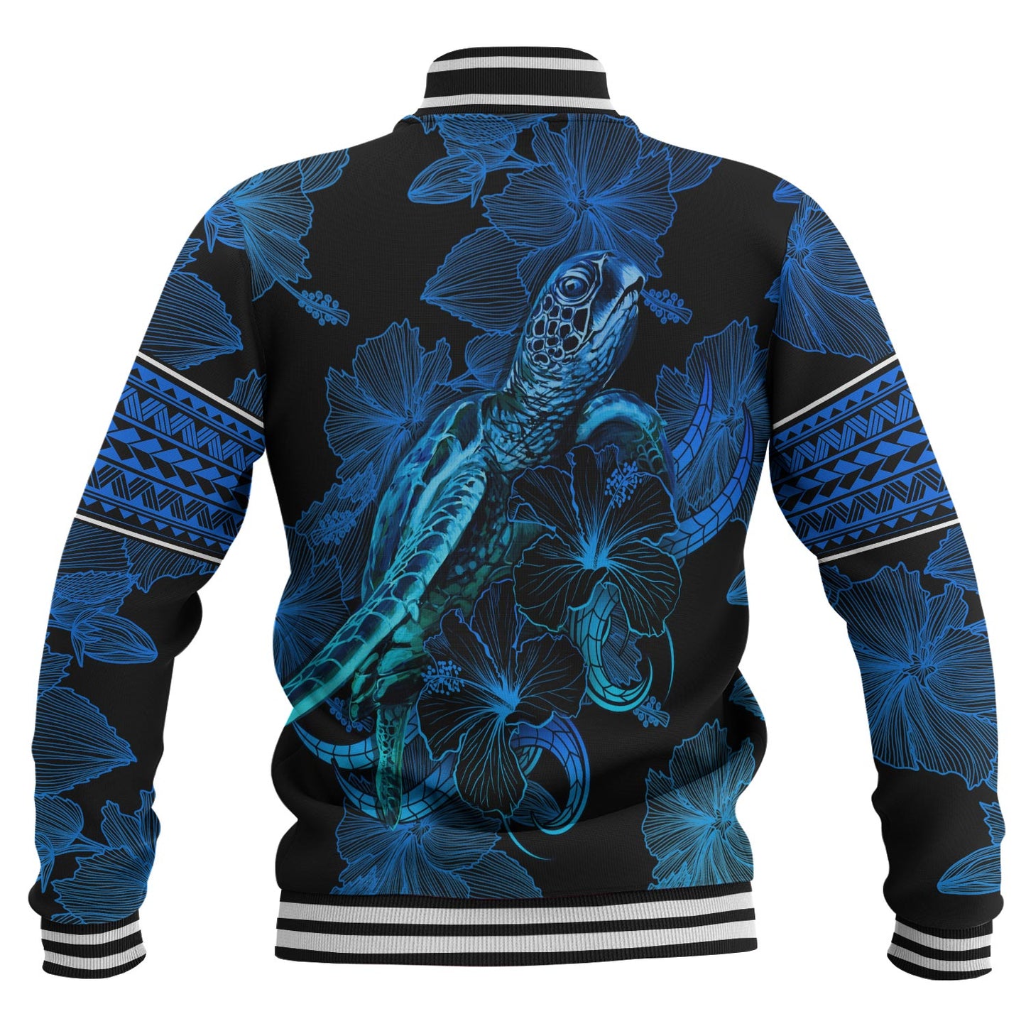 Kosrae Baseball Jacket Sea Turtle With Blooming Hibiscus Flowers Tribal Blue