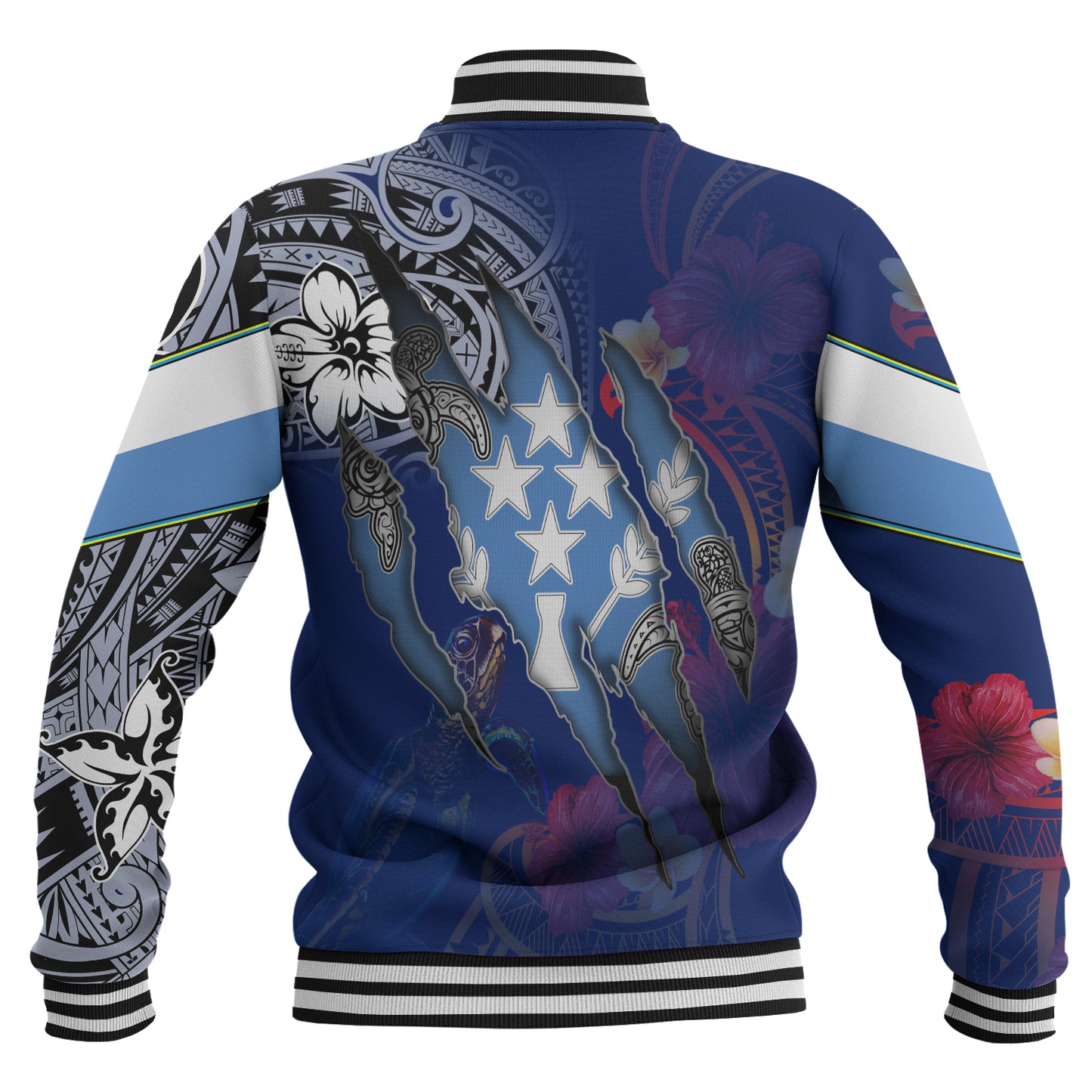Kosrae Baseball Jacket Custom Kosraean Blood Inside Me Polynesian Sleeve Tattoo Tropical Blue