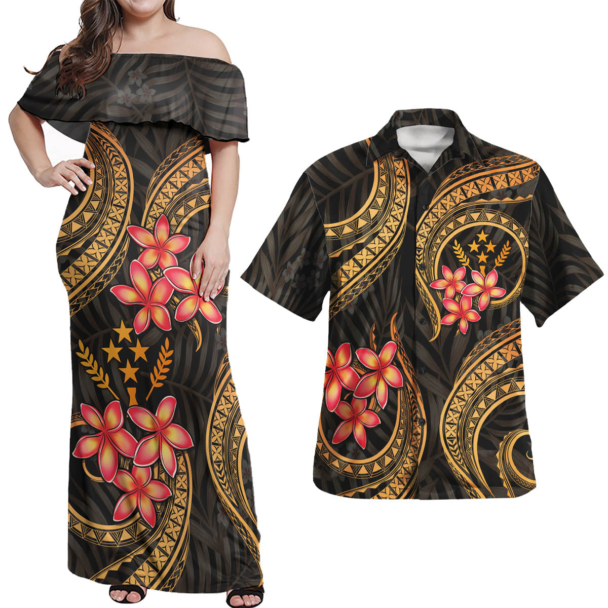 Kosrae Polynesian Pattern Combo Dress And Shirt Gold Plumeria