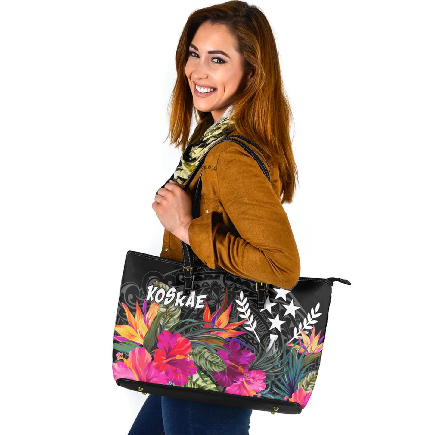 Kosrae Custom Personalised Leather Tote Polynesian Hibiscus Pattern