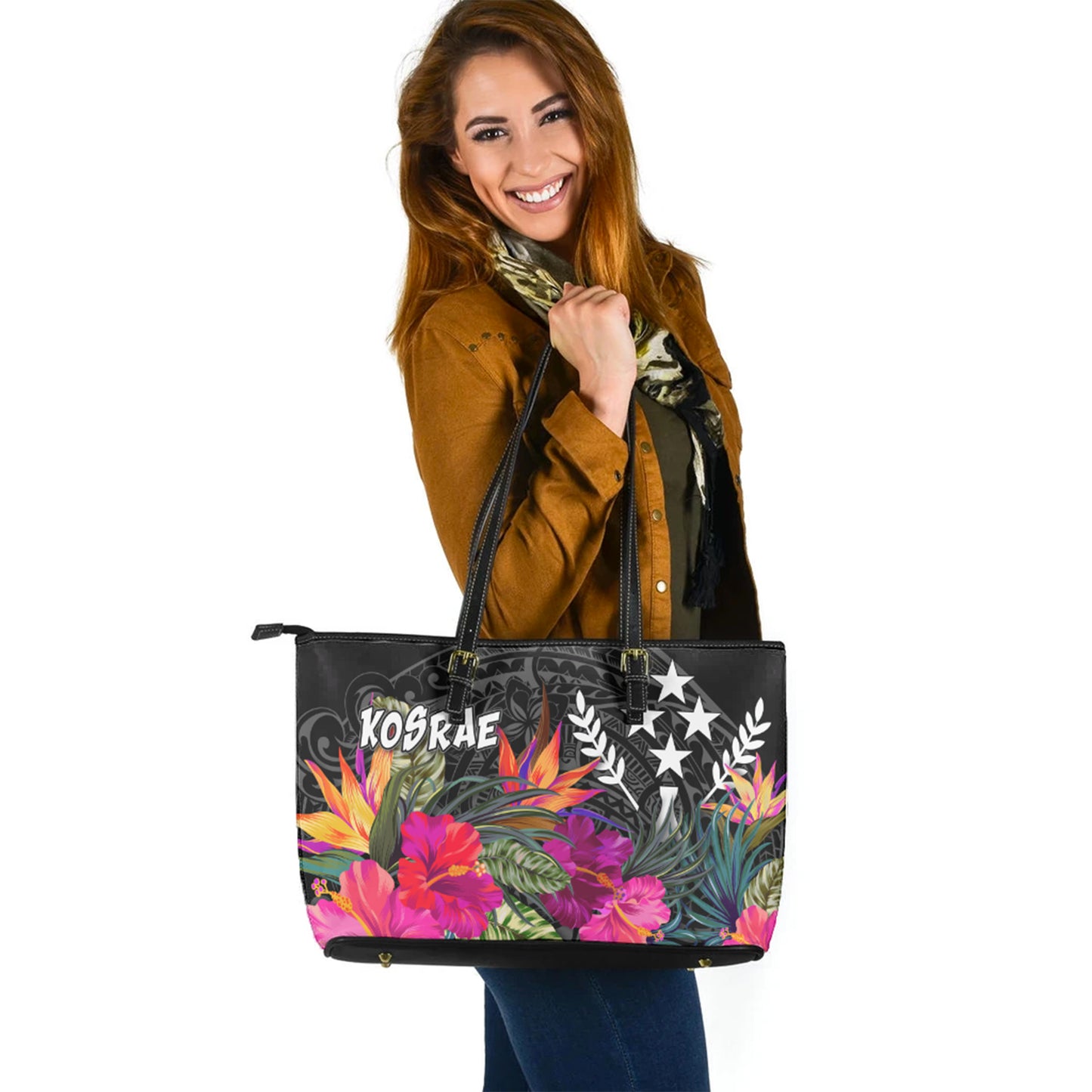 Kosrae Custom Personalised Leather Tote Polynesian Hibiscus Pattern