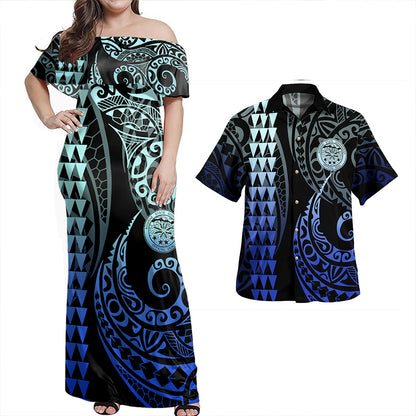 Kosrae Combo Dress And Shirt Coat Of Arms Kakau Style Gradient Blue