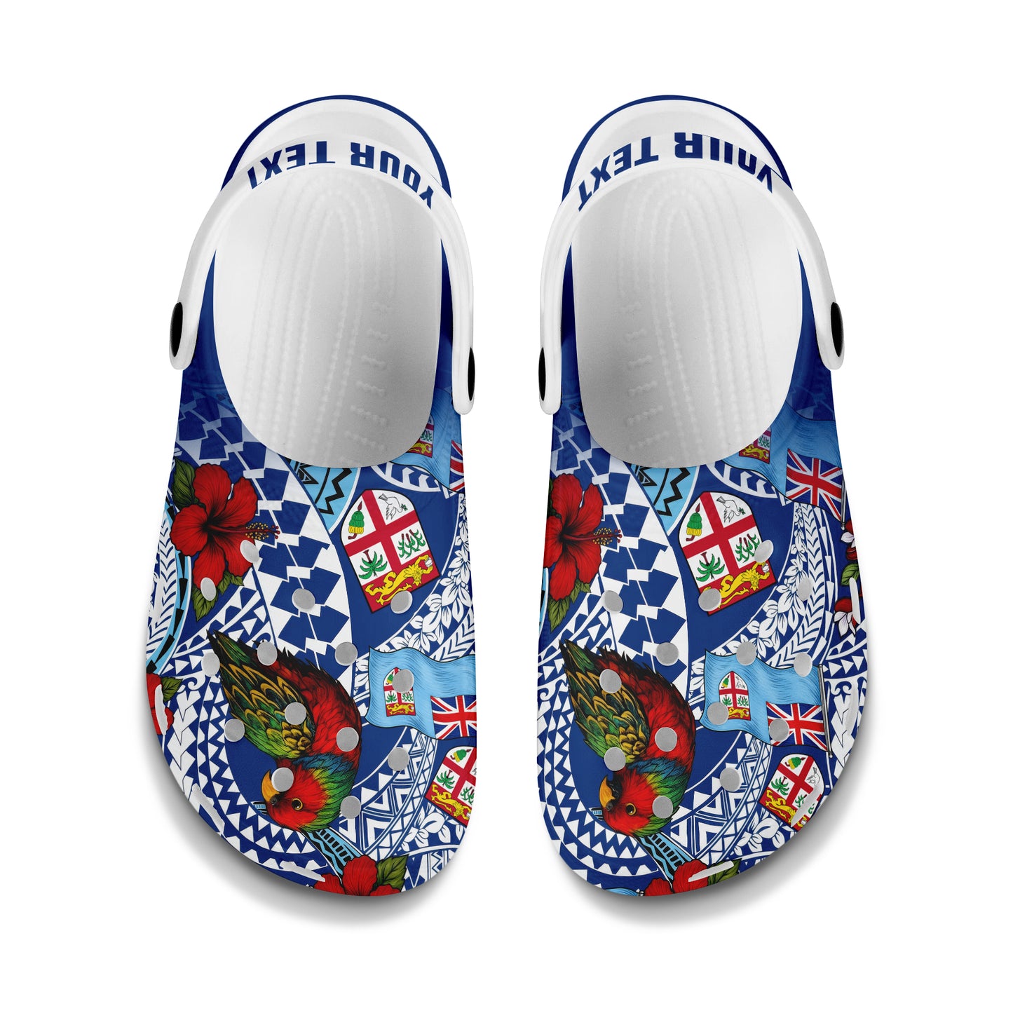 Fiji Clogs Shoes Custom Text Kula Parrot Flag Hibiscus Tribal Style