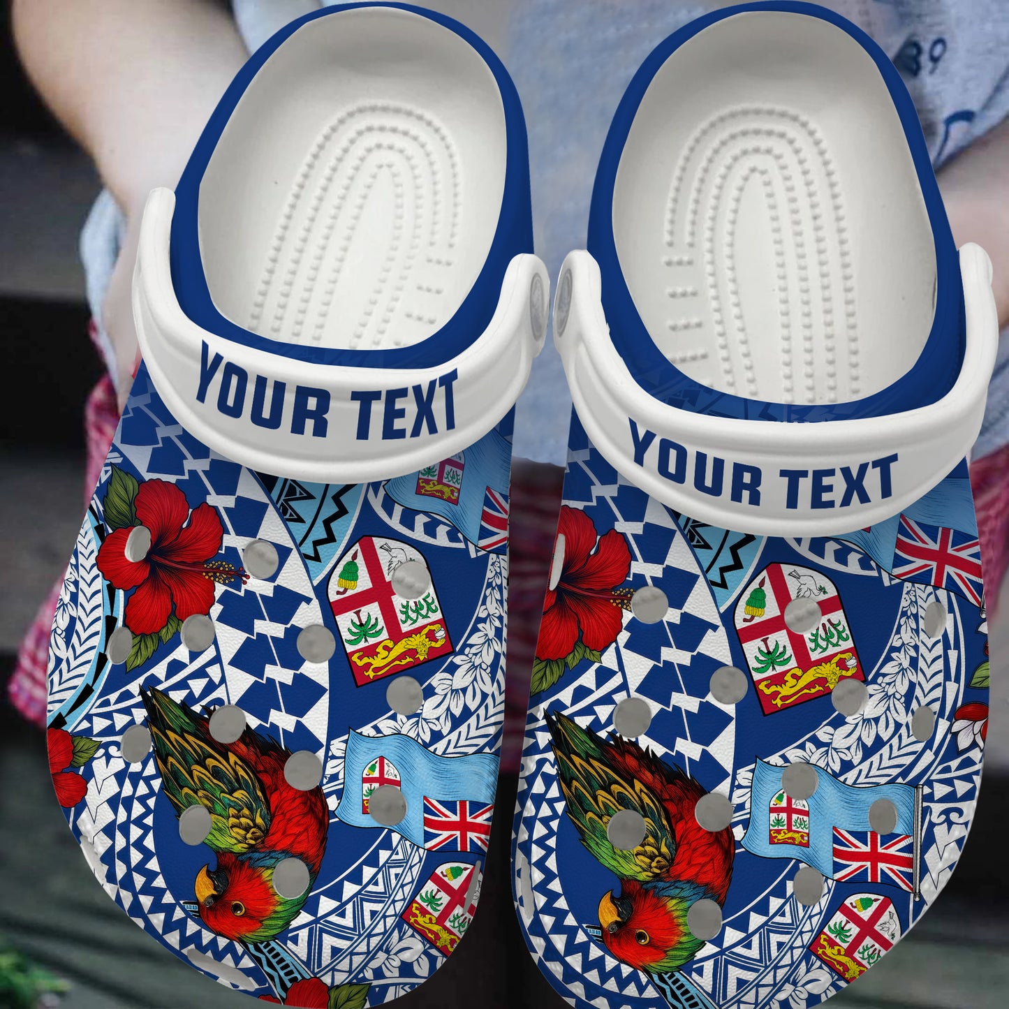 Fiji Clogs Shoes Custom Text Kula Parrot Flag Hibiscus Tribal Style